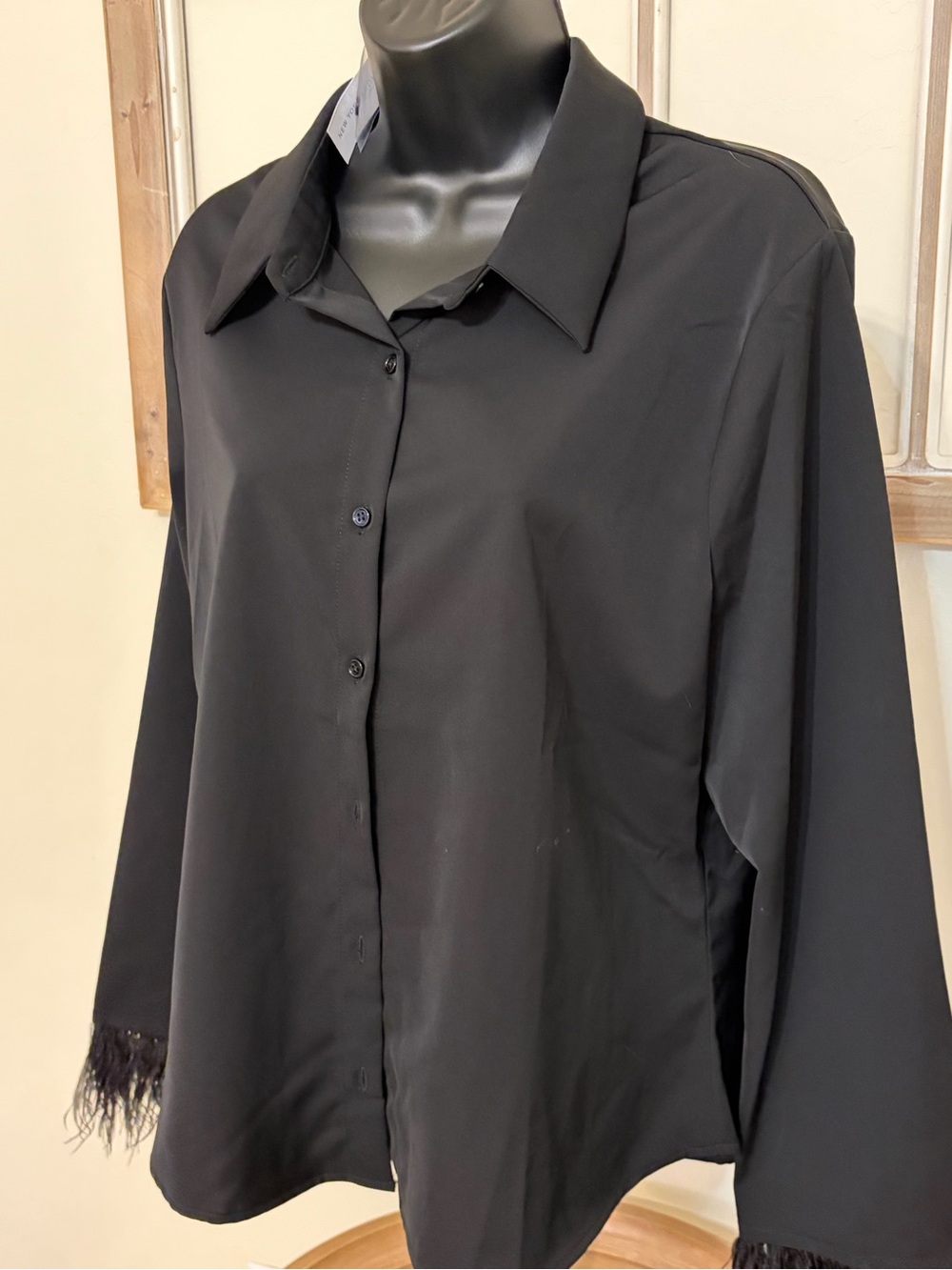 Endless Rose Black Feather Cuff Button Down Blouse Size L NWT Statement Top